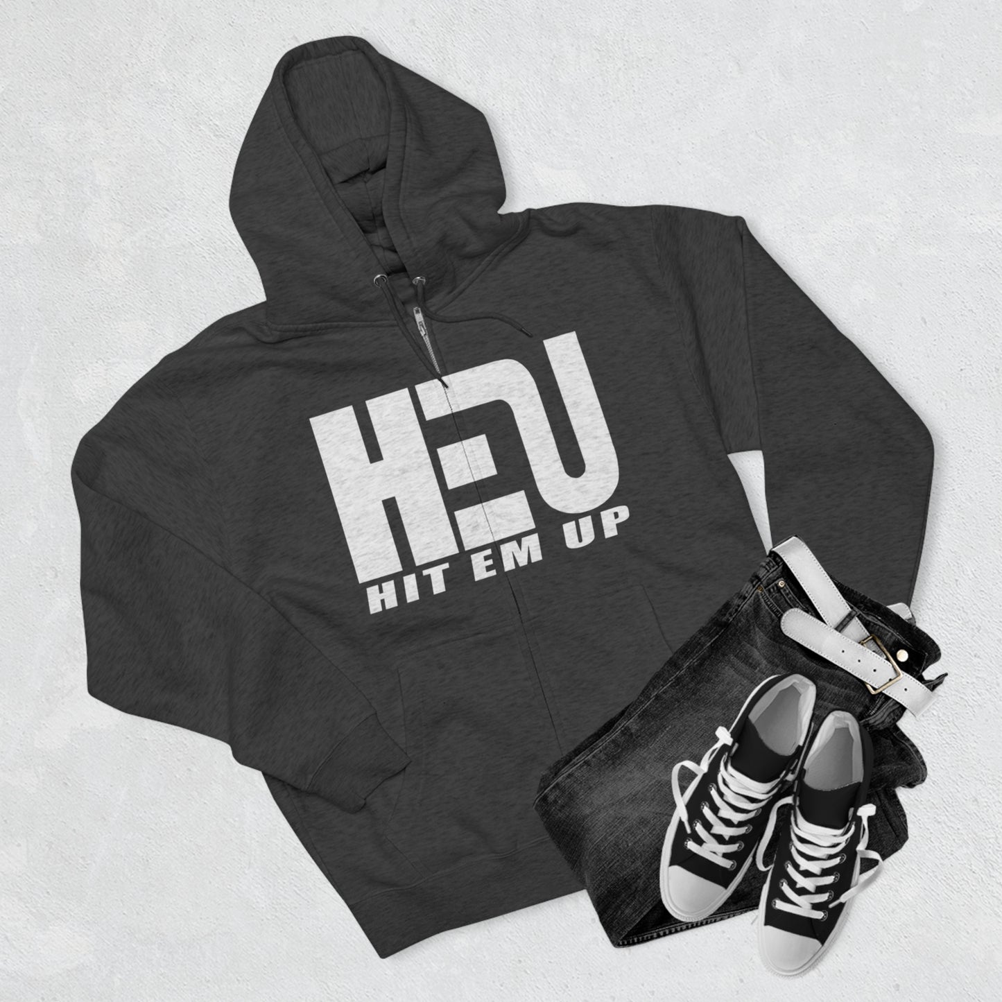 HEU Hit Em Up Unisex Full Zip Hoodie - White Logo