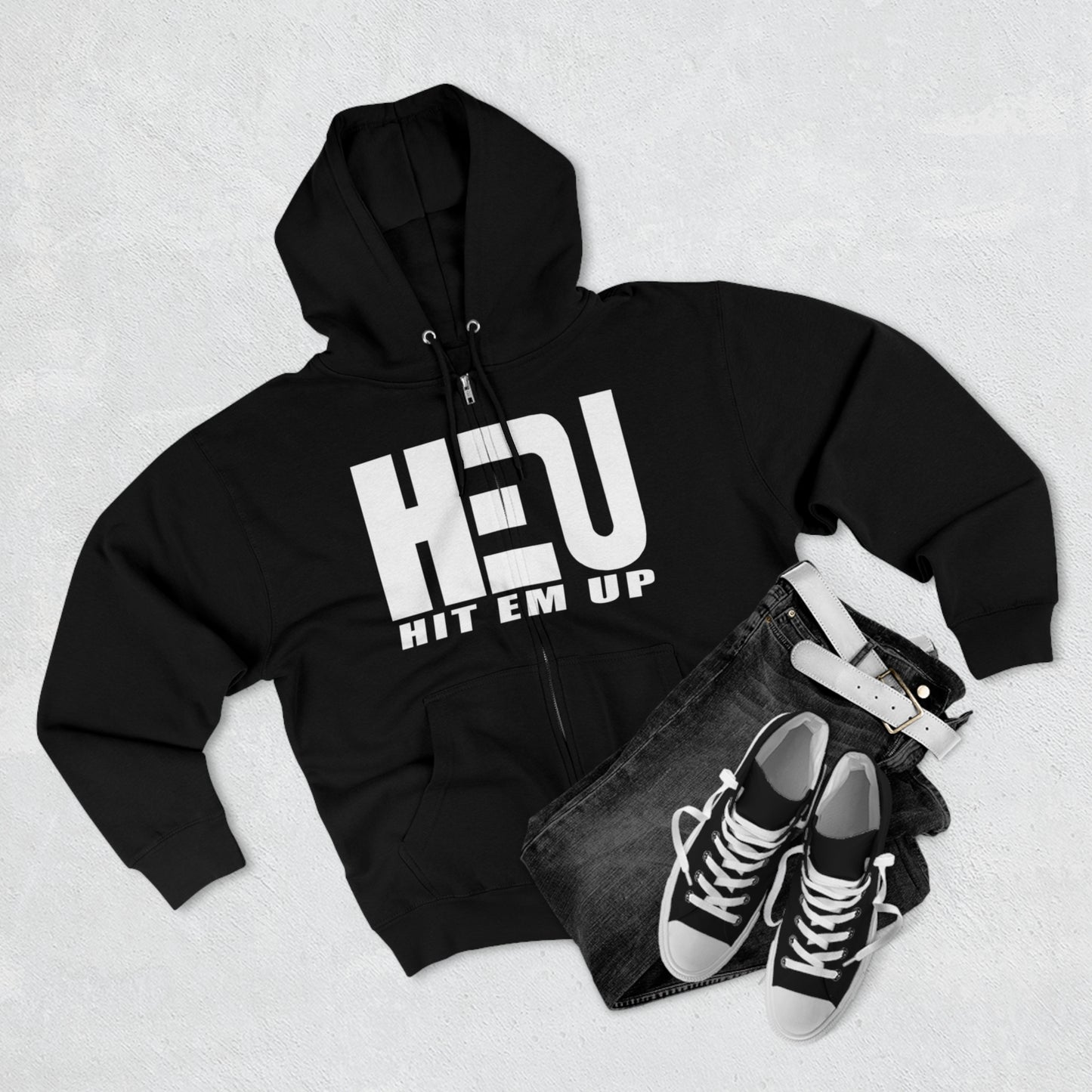 HEU Hit Em Up Unisex Full Zip Hoodie - White Logo