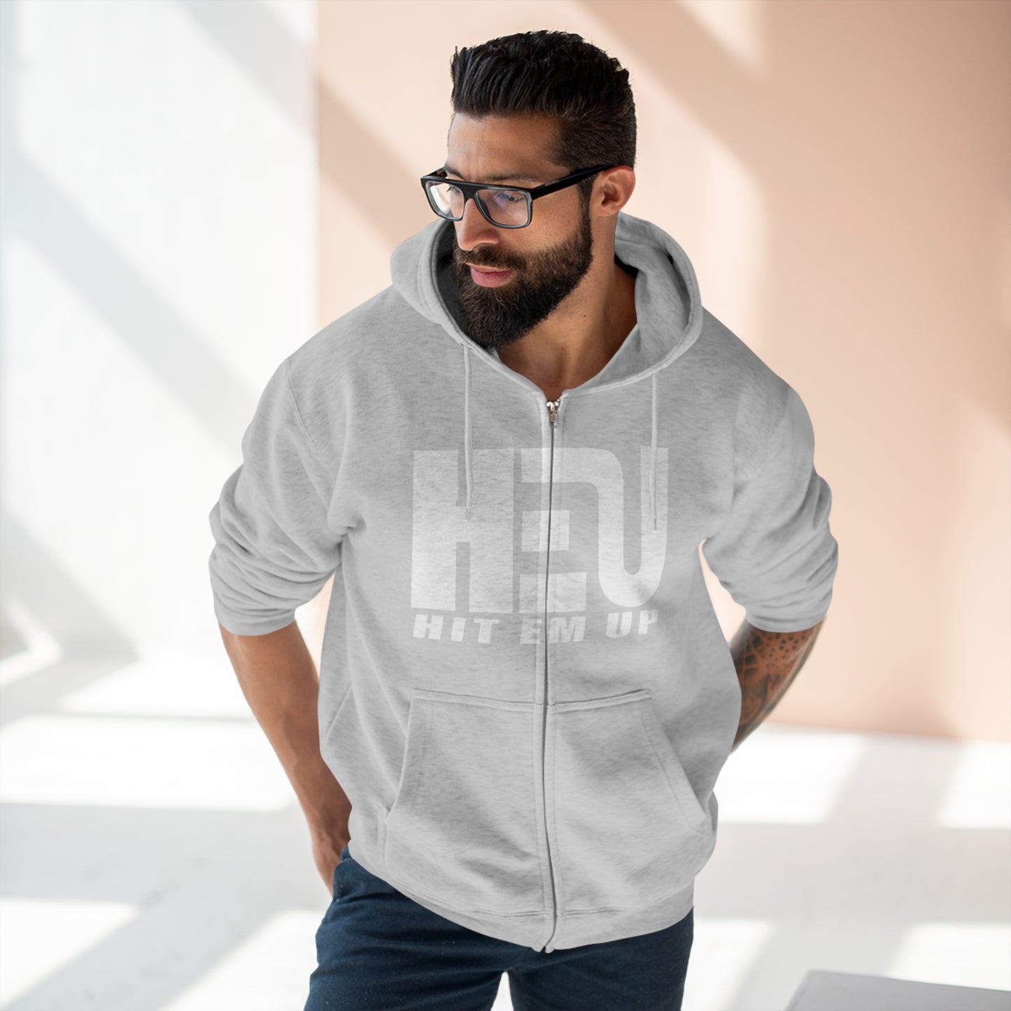 HEU Hit Em Up Unisex Full Zip Hoodie - White Logo