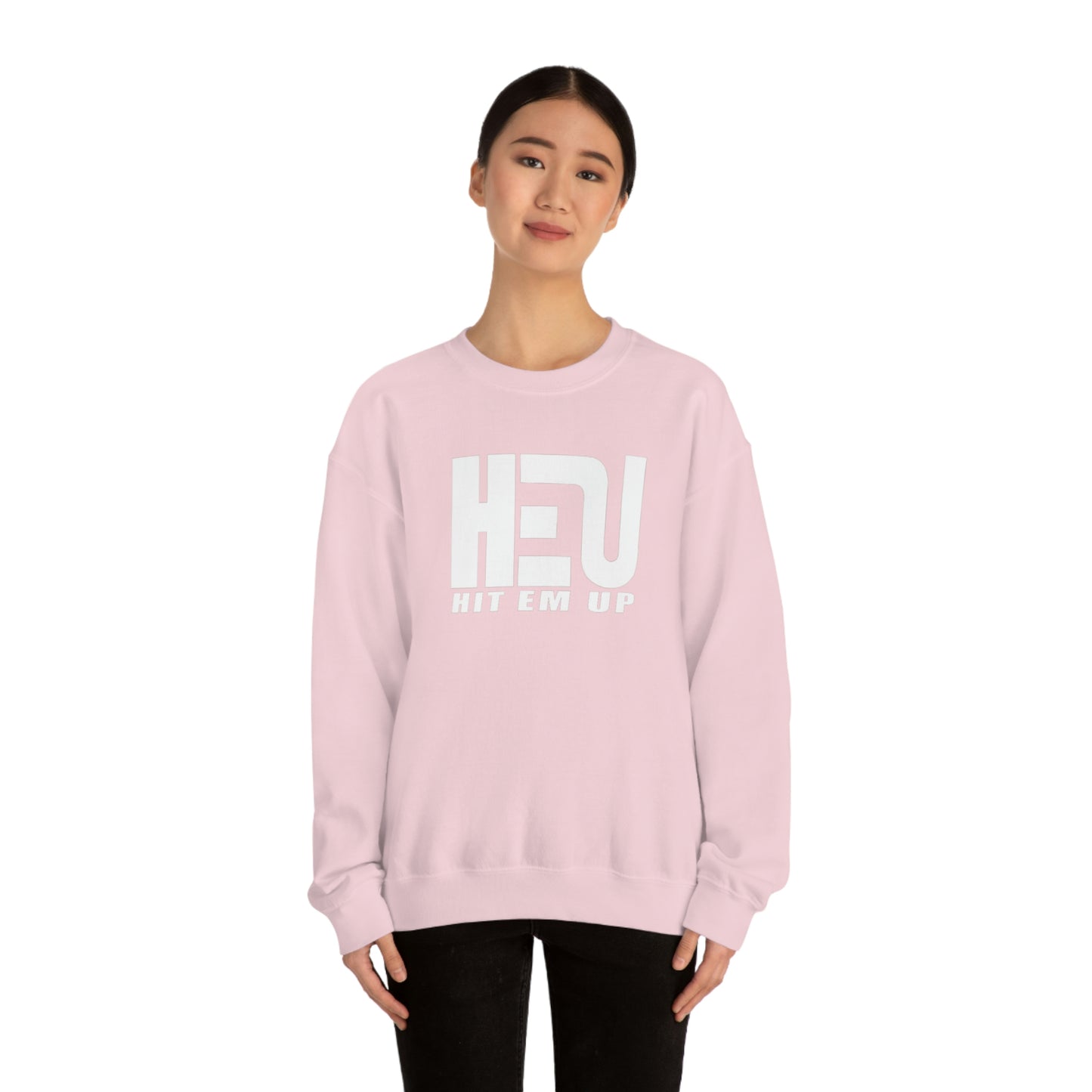 White HEU HIT EM UP Logo Heavy Blend Crewneck Sweatshirt