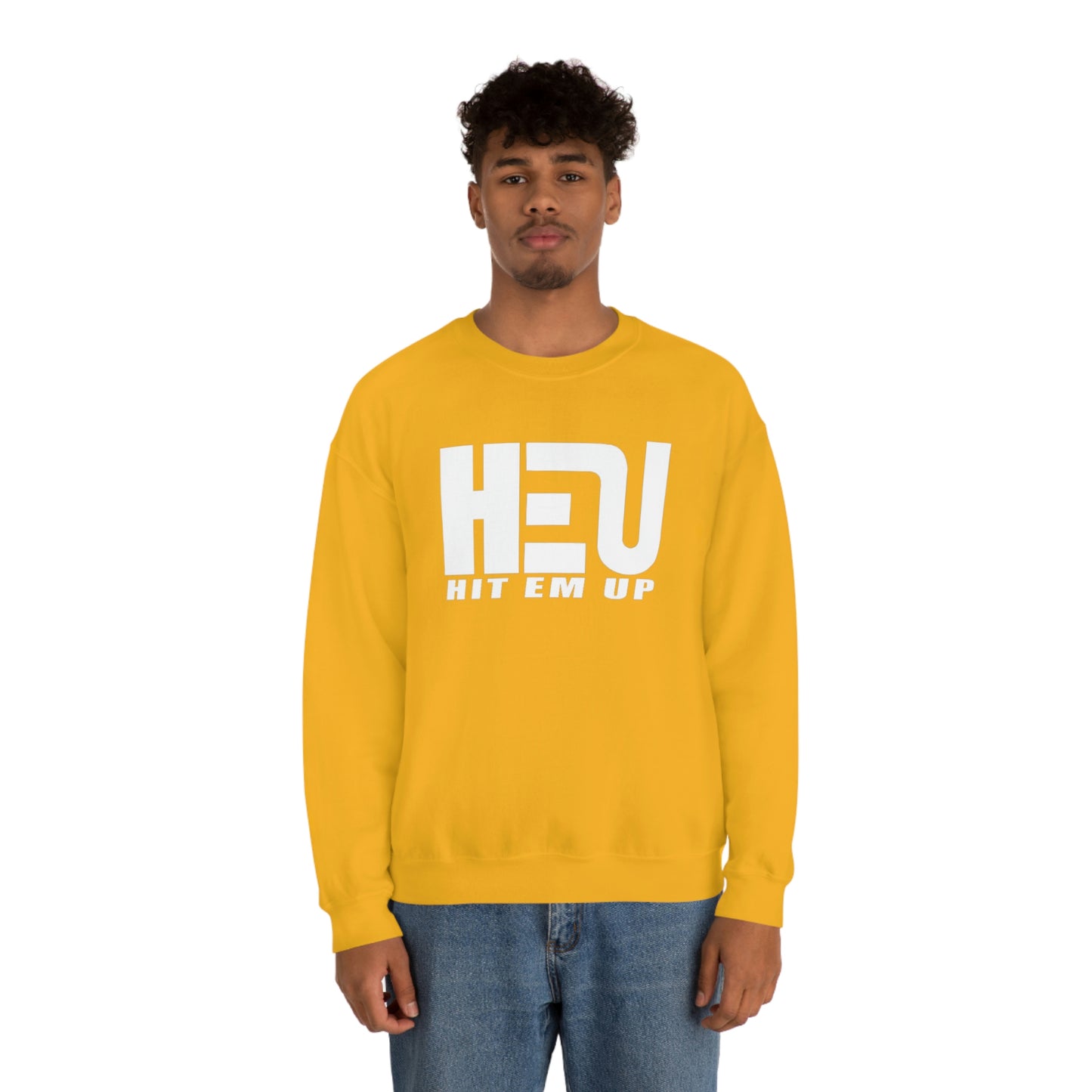 White HEU HIT EM UP Logo Heavy Blend Crewneck Sweatshirt