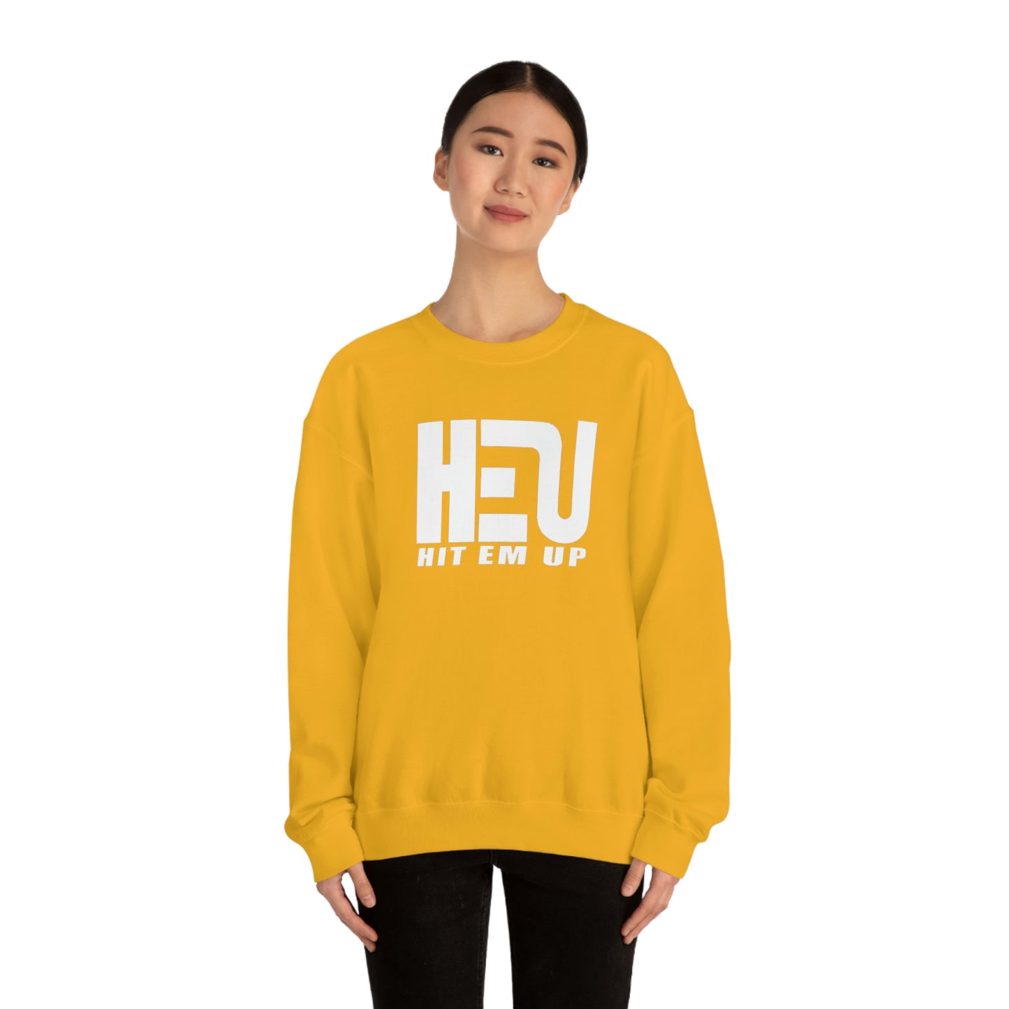 White HEU HIT EM UP Logo Heavy Blend Crewneck Sweatshirt