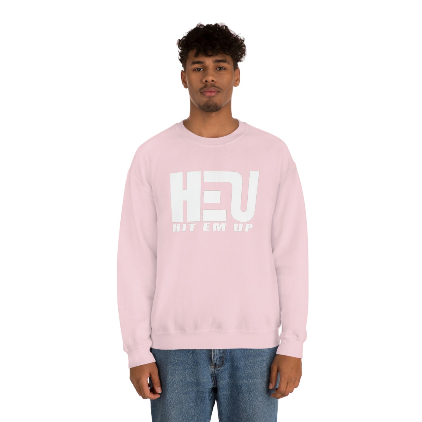 White HEU HIT EM UP Logo Heavy Blend Crewneck Sweatshirt