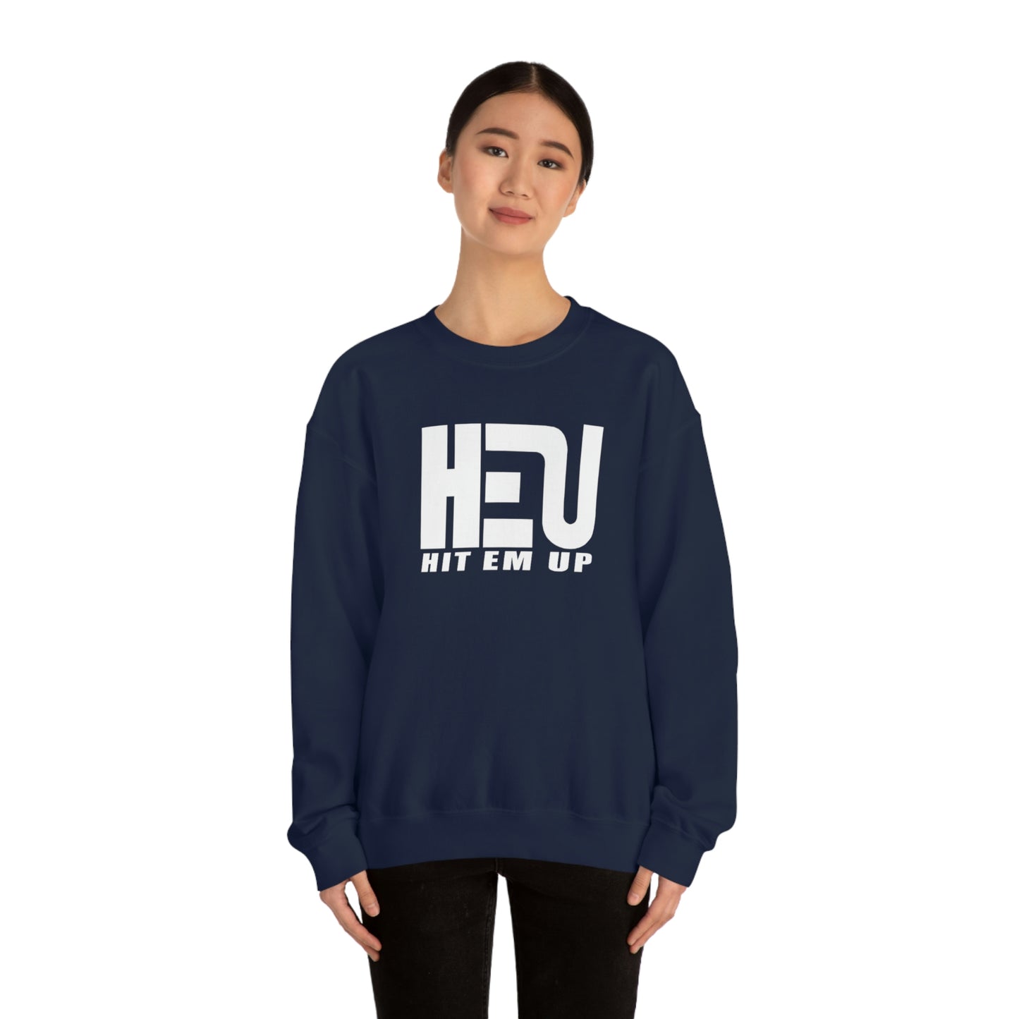 White HEU HIT EM UP Logo Heavy Blend Crewneck Sweatshirt