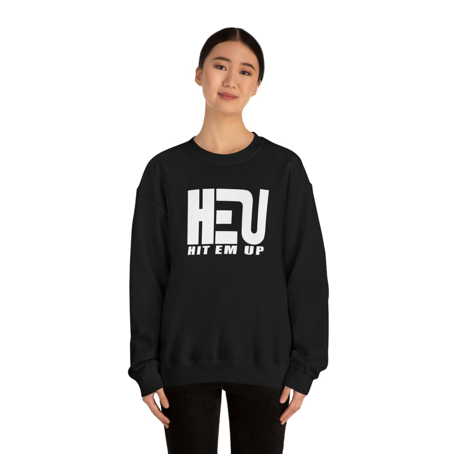 White HEU HIT EM UP Logo Heavy Blend Crewneck Sweatshirt