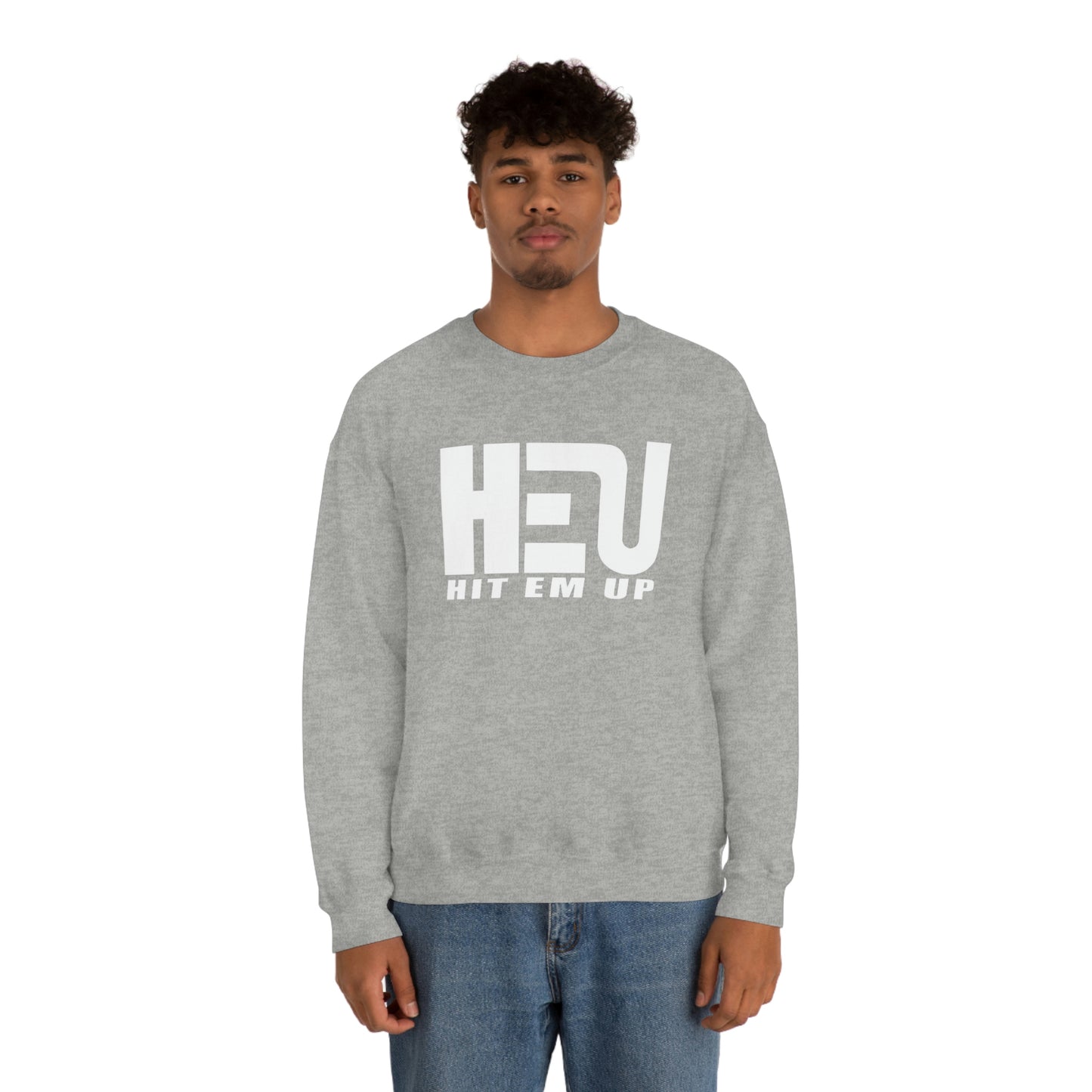 White HEU HIT EM UP Logo Heavy Blend Crewneck Sweatshirt