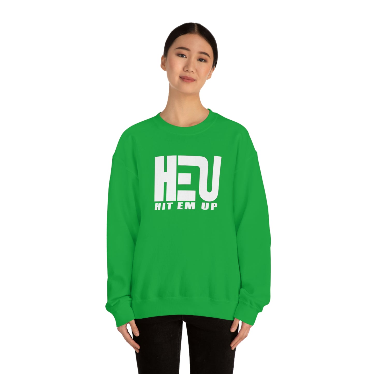 White HEU HIT EM UP Logo Heavy Blend Crewneck Sweatshirt