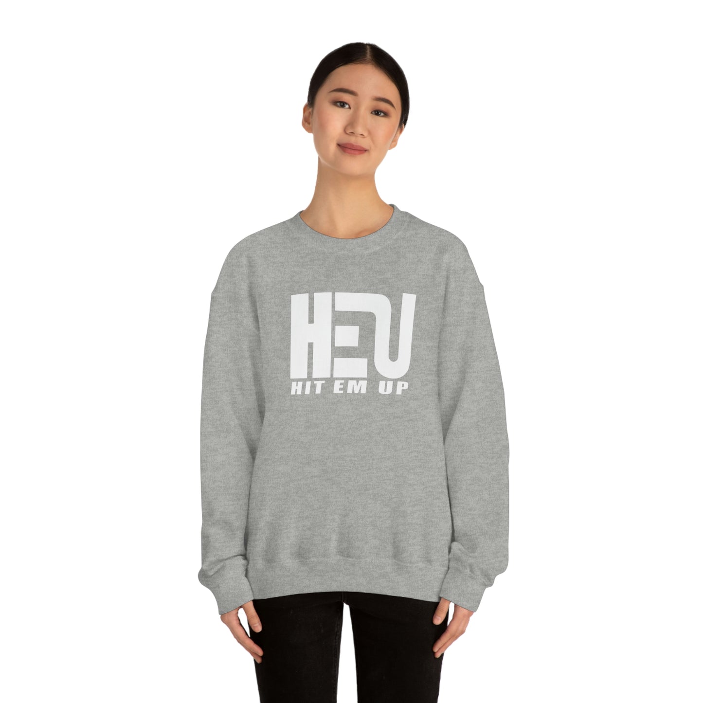 White HEU HIT EM UP Logo Heavy Blend Crewneck Sweatshirt