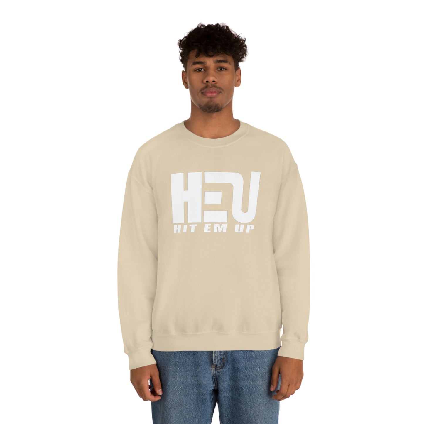 White HEU HIT EM UP Logo Heavy Blend Crewneck Sweatshirt