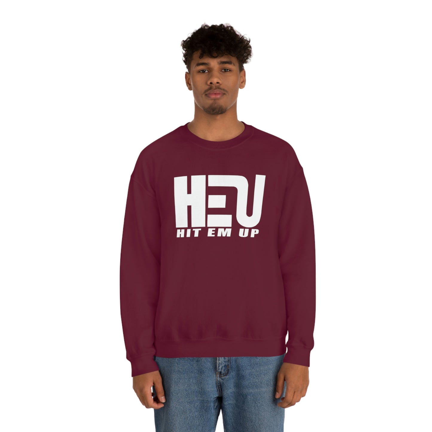 White HEU HIT EM UP Logo Heavy Blend Crewneck Sweatshirt