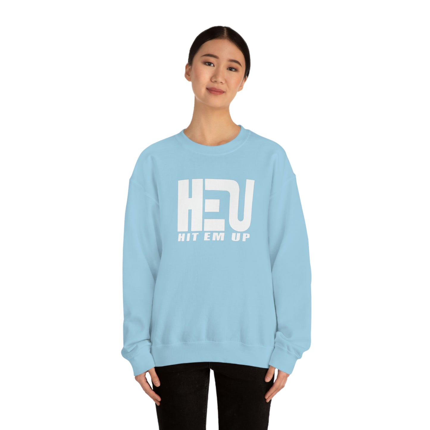 White HEU HIT EM UP Logo Heavy Blend Crewneck Sweatshirt