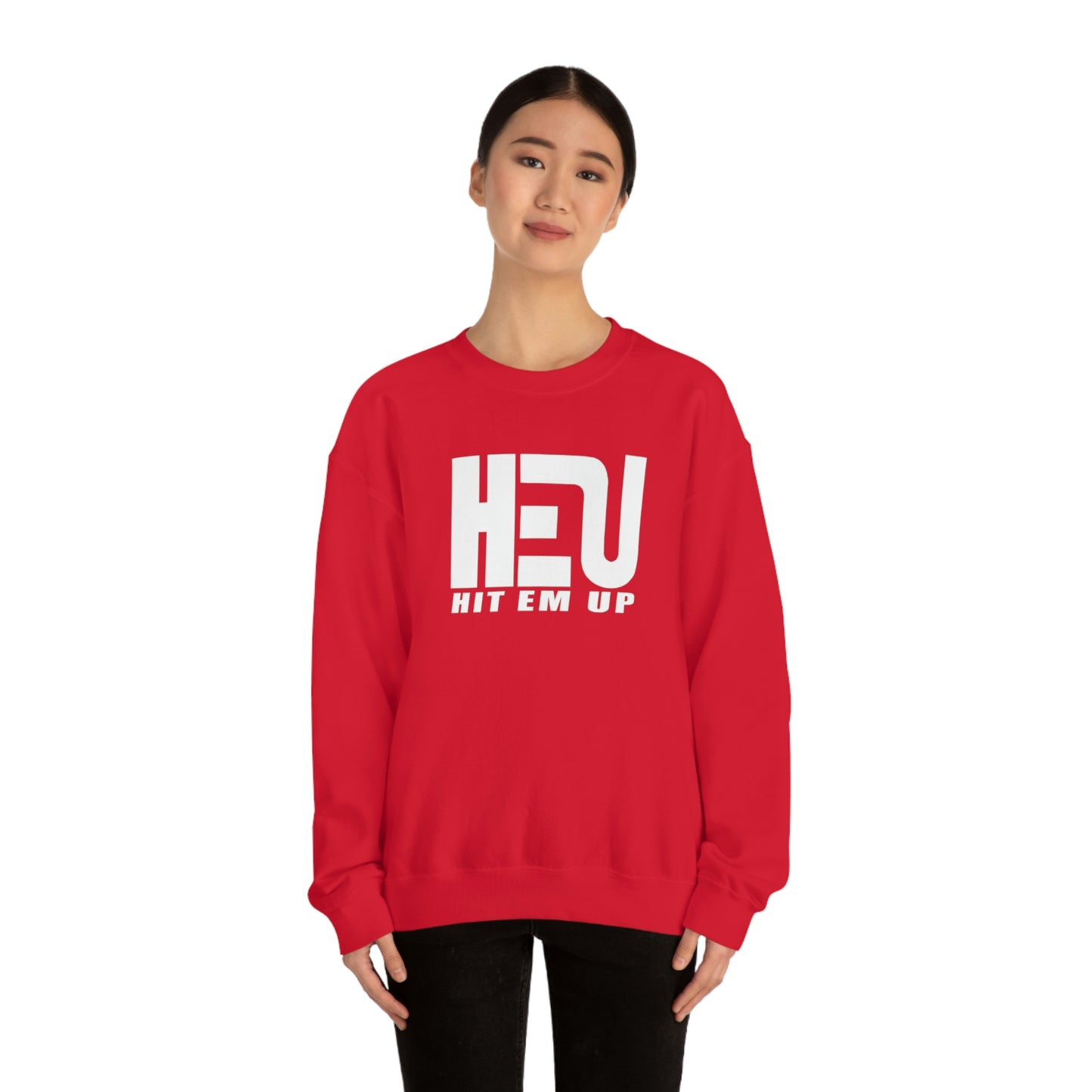 White HEU HIT EM UP Logo Heavy Blend Crewneck Sweatshirt