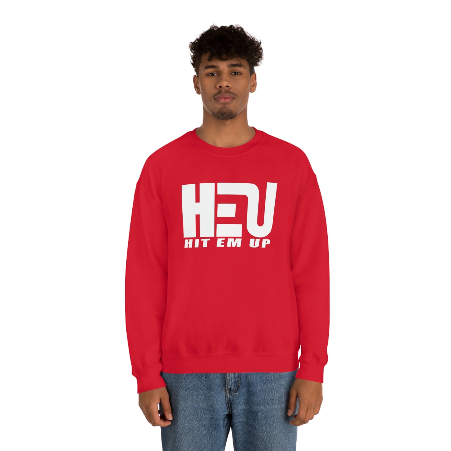 White HEU HIT EM UP Logo Heavy Blend Crewneck Sweatshirt