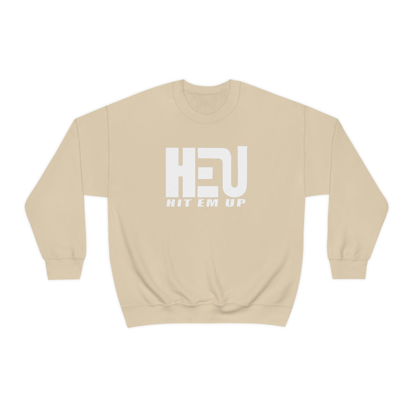 White HEU HIT EM UP Logo Heavy Blend Crewneck Sweatshirt