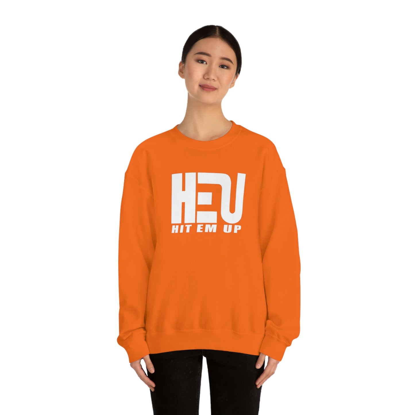 White HEU HIT EM UP Logo Heavy Blend Crewneck Sweatshirt