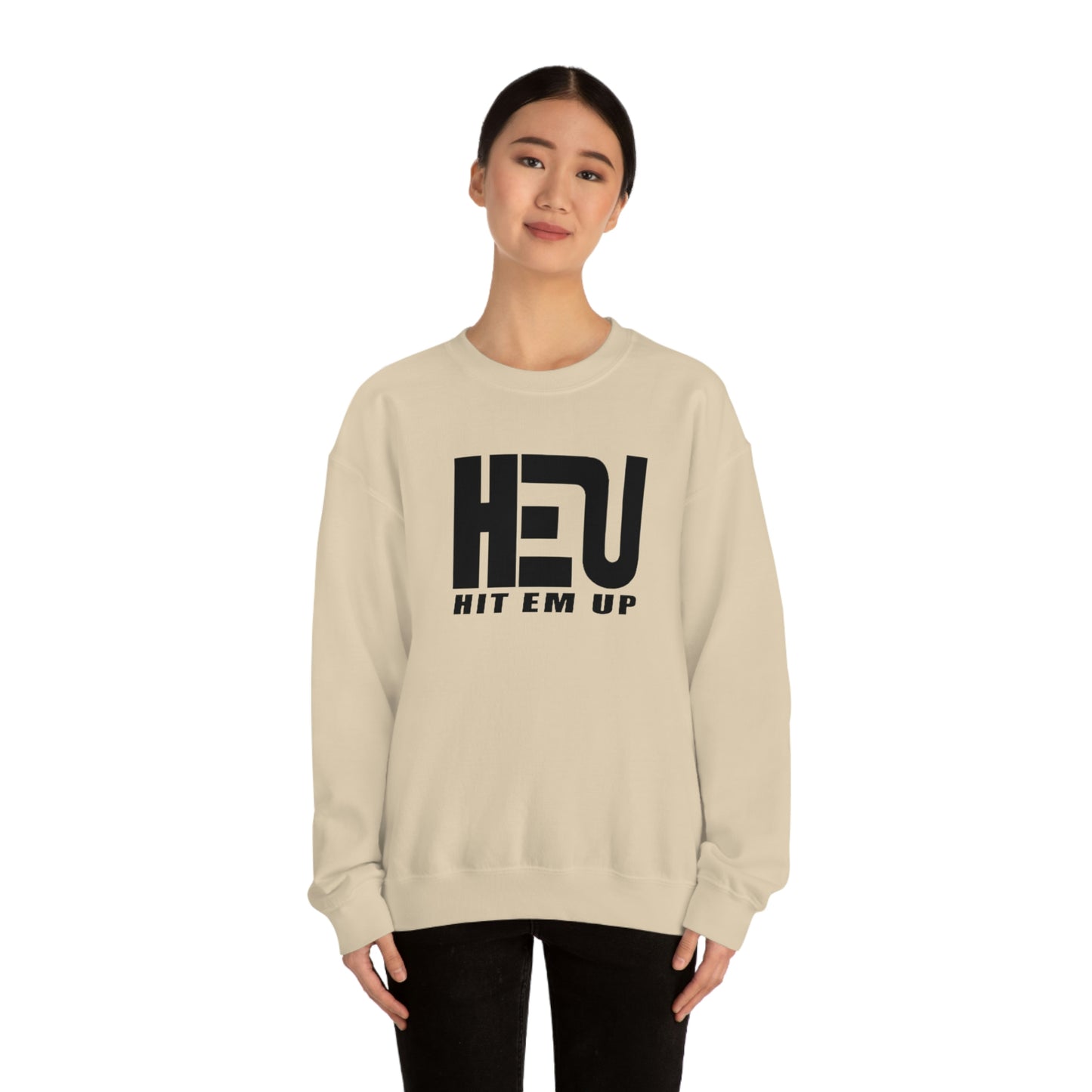 Black HEU HIT EM UP Logo Heavy Blend Crewneck Sweatshirt