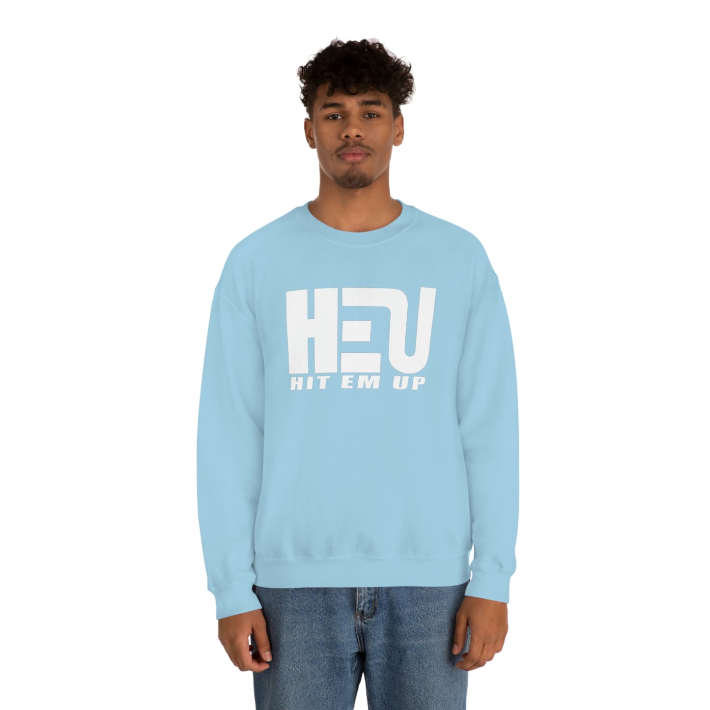 White HEU HIT EM UP Logo Heavy Blend Crewneck Sweatshirt