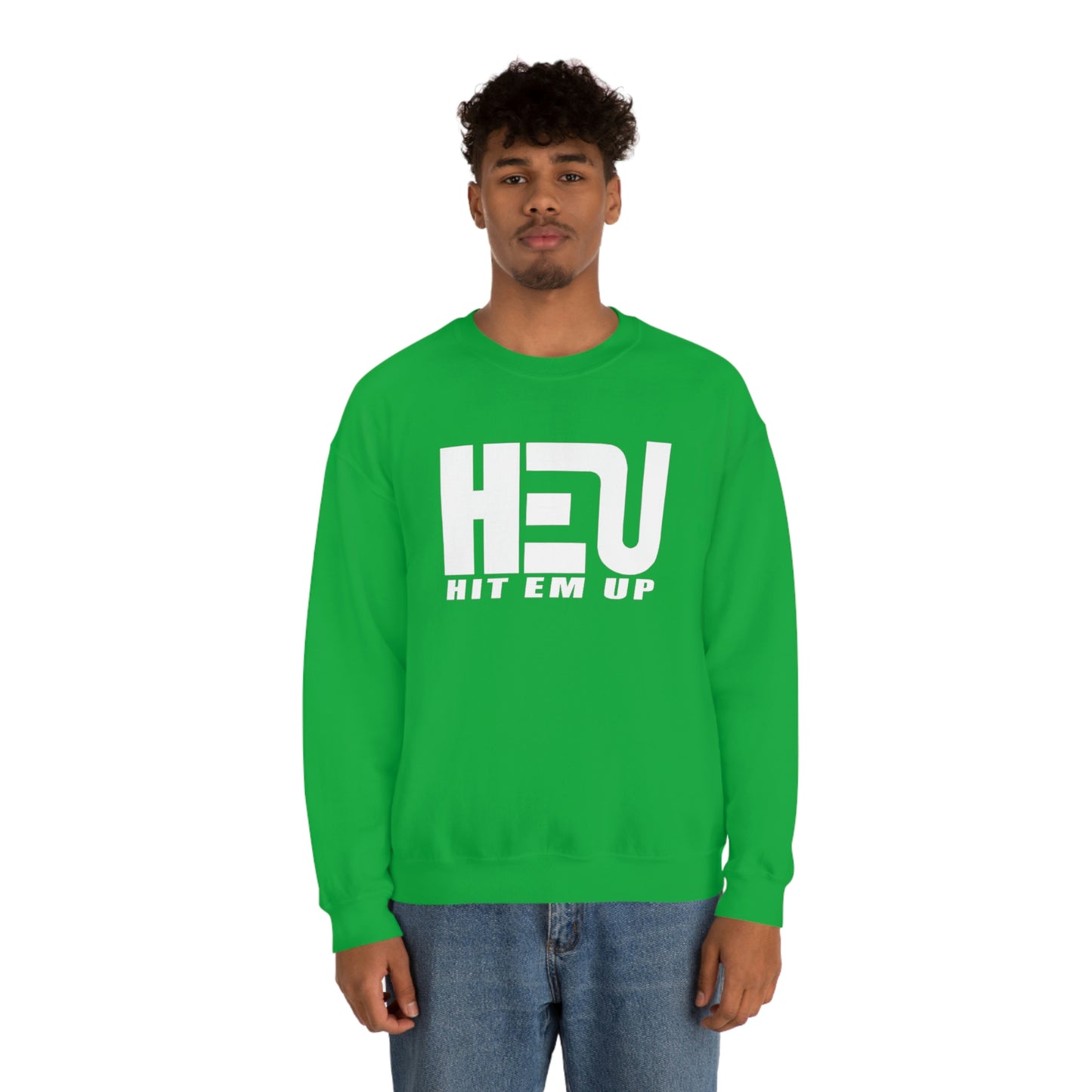 White HEU HIT EM UP Logo Heavy Blend Crewneck Sweatshirt