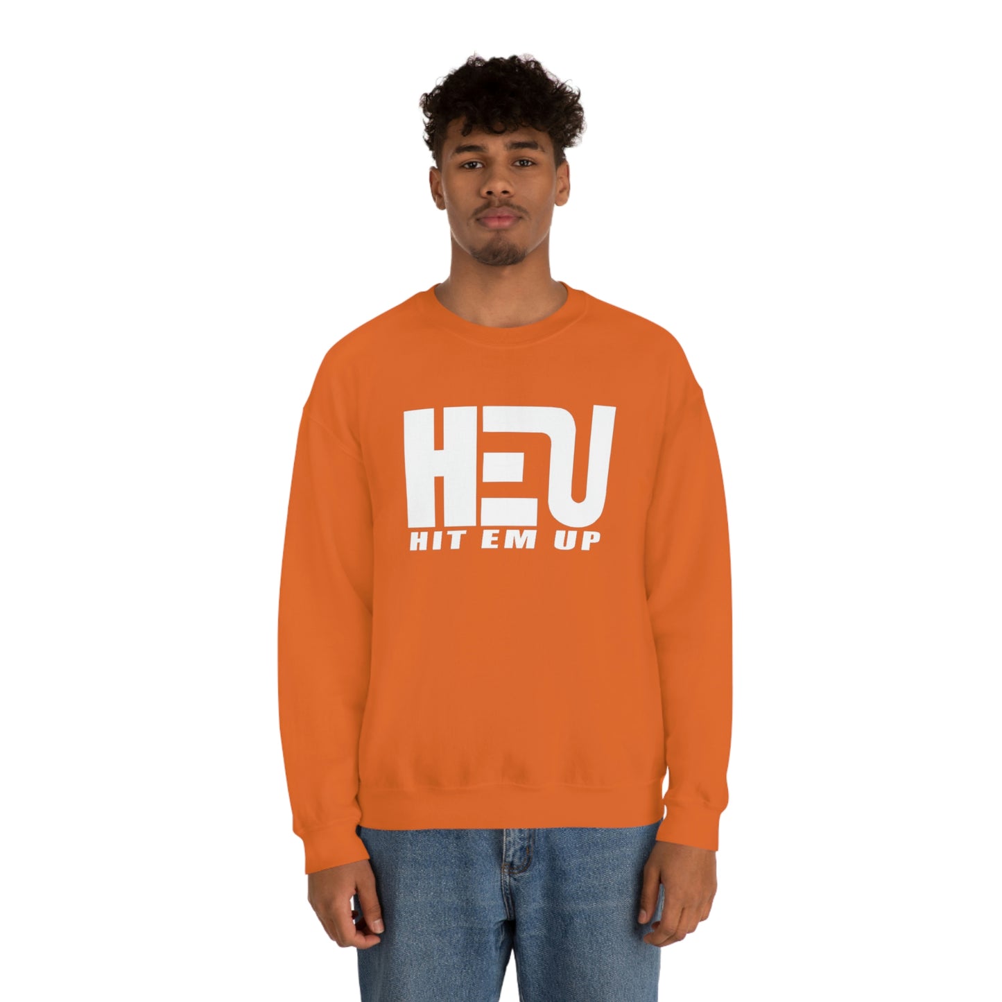 White HEU HIT EM UP Logo Heavy Blend Crewneck Sweatshirt