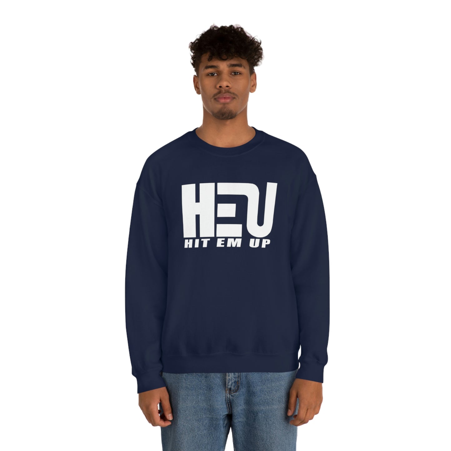 White HEU HIT EM UP Logo Heavy Blend Crewneck Sweatshirt