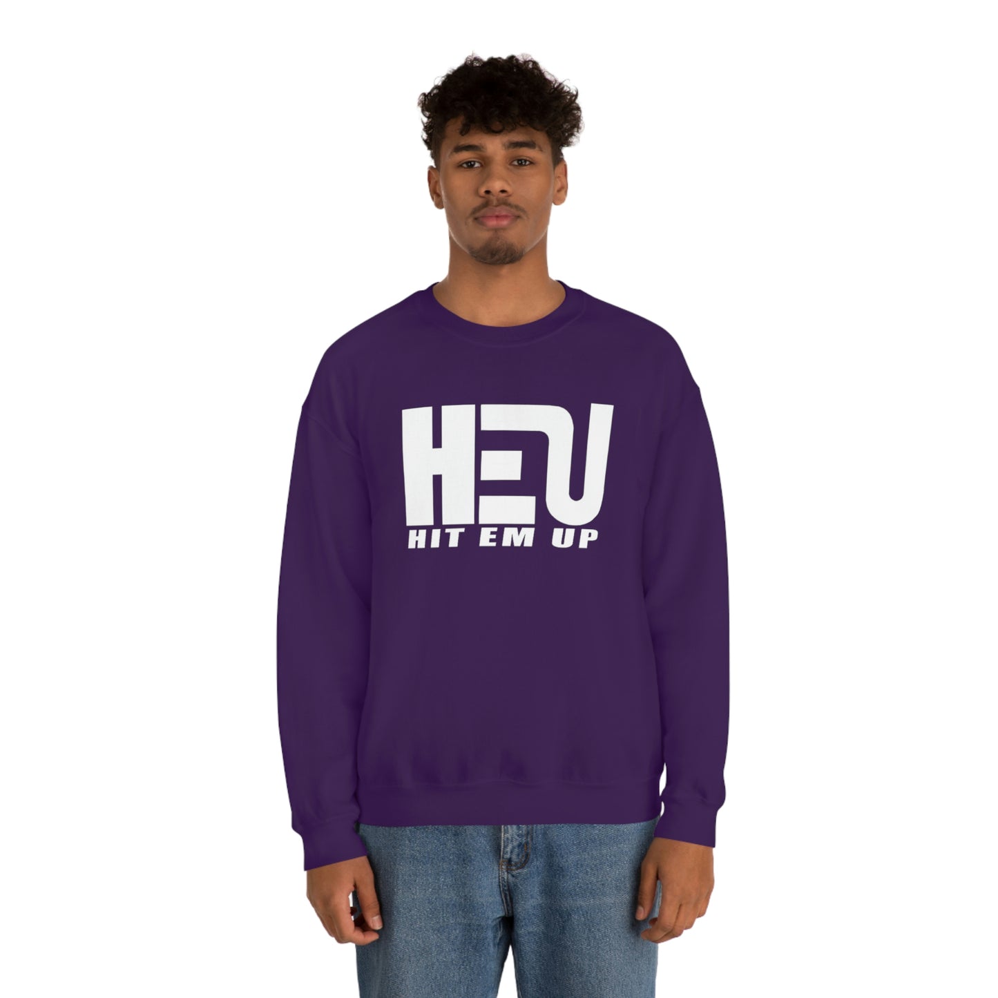 White HEU HIT EM UP Logo Heavy Blend Crewneck Sweatshirt