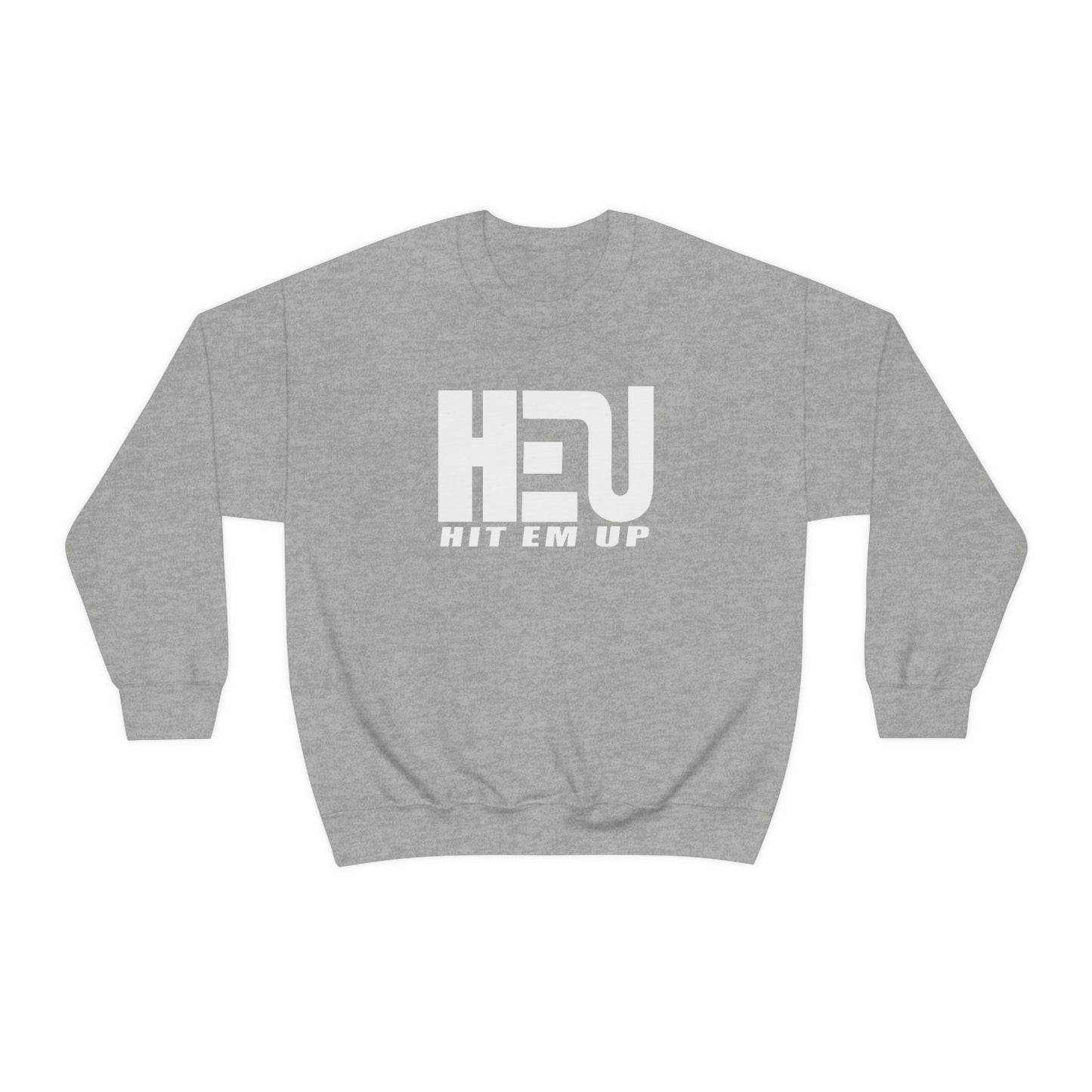 White HEU HIT EM UP Logo Heavy Blend Crewneck Sweatshirt